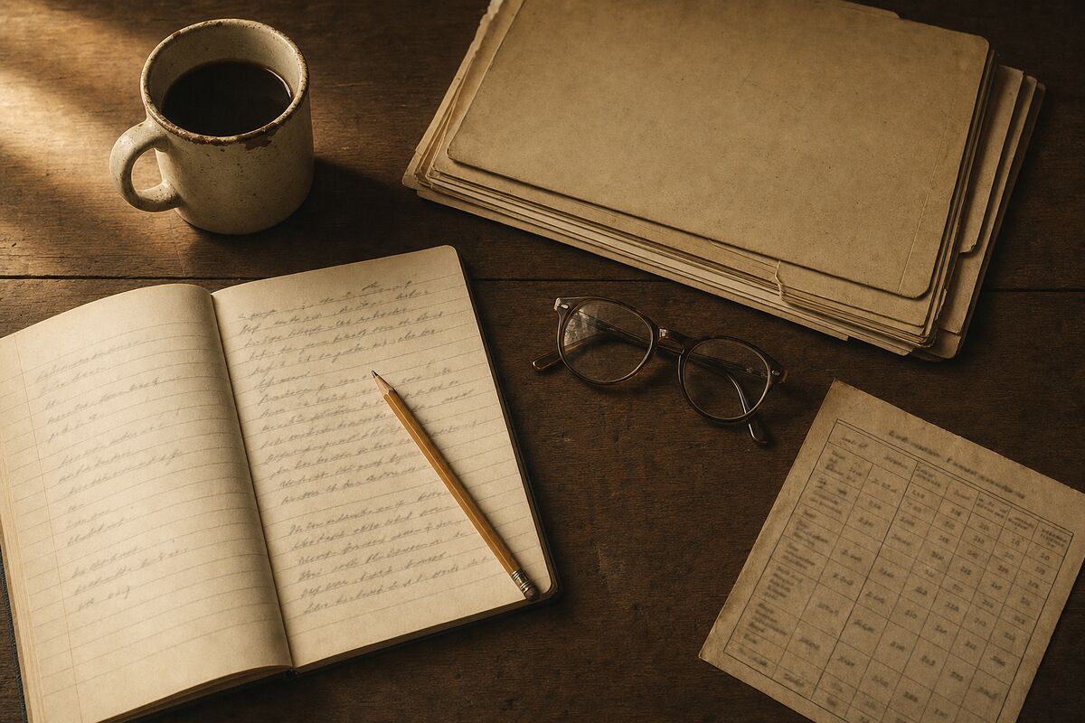 An open notebook with handwriting, folders and a printed table of figures on a wooden desk in raking light.