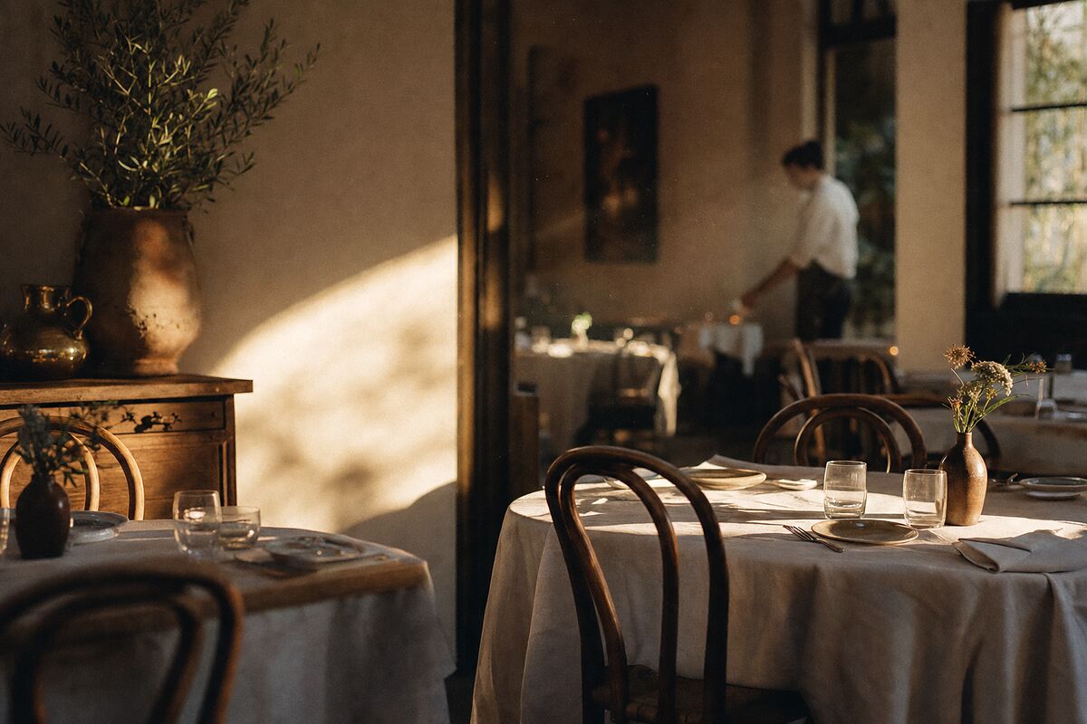 A quiet California dining room in late afternoon light, with linen-covered tables, bentwood chairs and an olive branch in a clay jar.