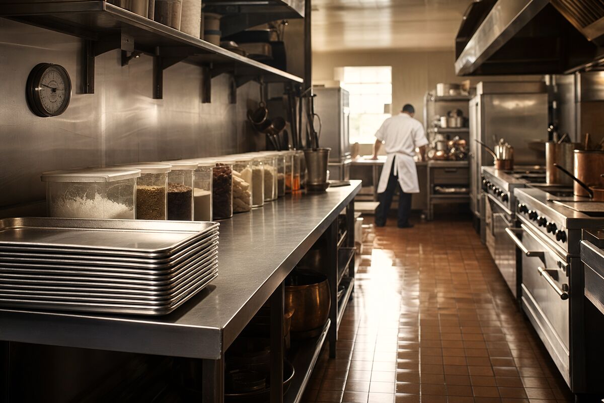 A clean professional restaurant kitchen before service, with polished stainless steel counters and neatly stacked trays.