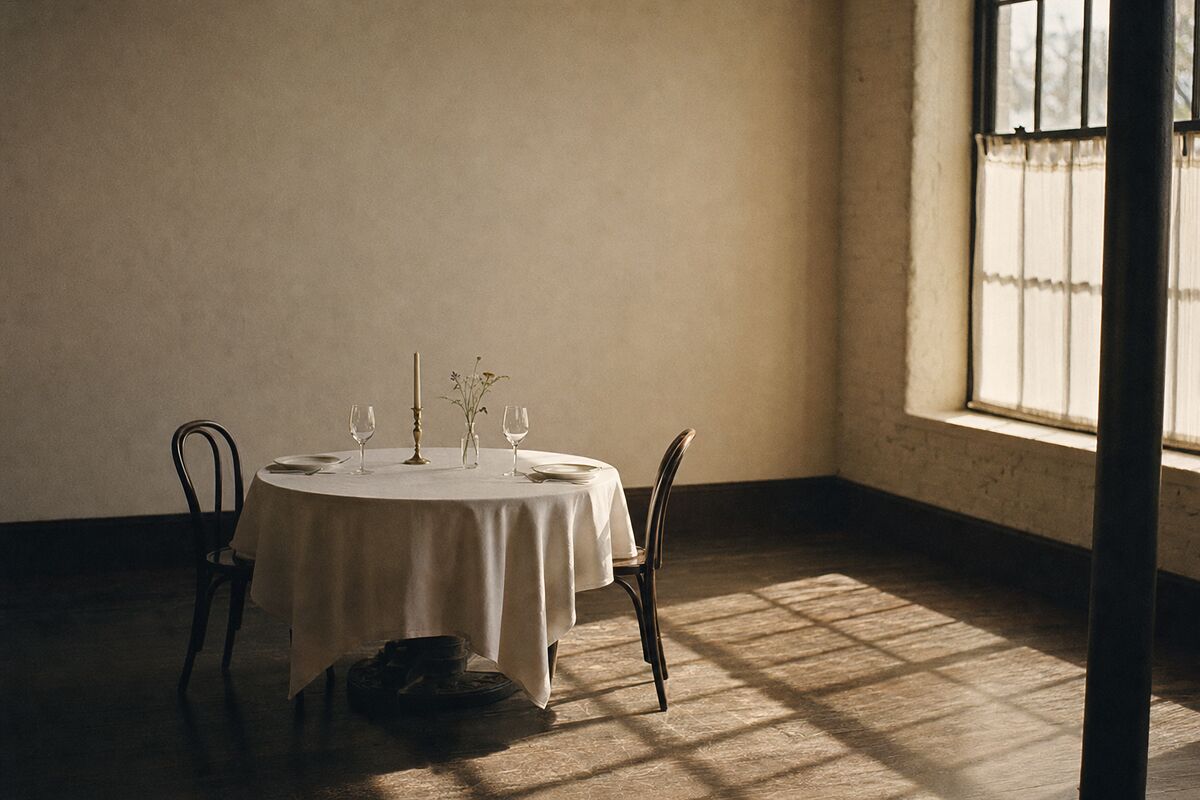 A single round table set with white linen, two empty glasses and an unlit brass candlestick in an otherwise empty dining room.